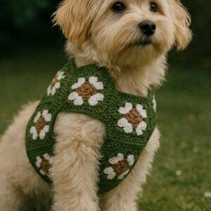 Green Floral Granny Square Dog Sweater Luxury Boho Pet Crochet Dog Vest M